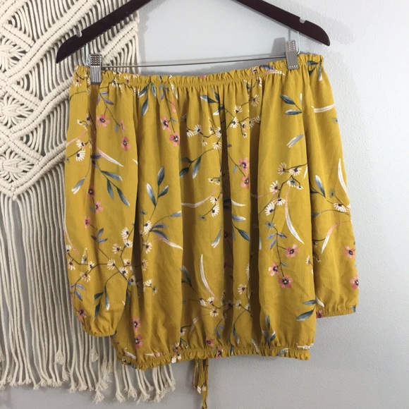 Free Kisses floral mustard off shoulder top Sz L - Picture 3 of 5